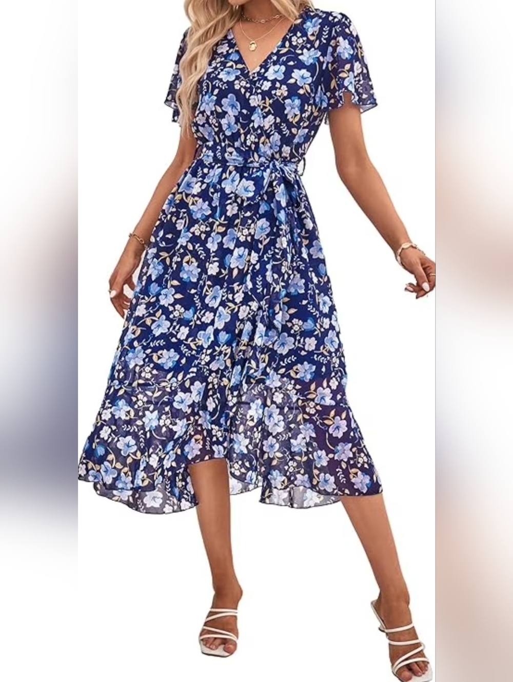 Pretty Garden Sheer Wrap A-line Ruffle Any Occasion Midi Dress